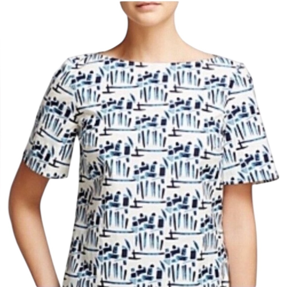 Tory Burch Blue and White Cotton-blend Figurines Print Bateau Neckline Top Sz 6